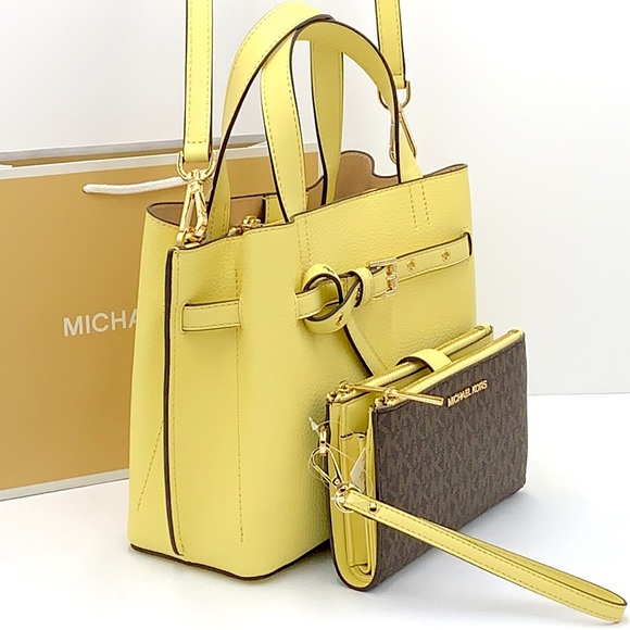 MICHAEL KORS EMILIA SMALL SATCHEL & LARGE DOUBLE ZIP WRISTLET BUTTERCUP - Picture 4 of 16